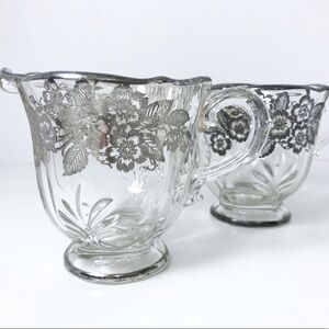 Fostoria Baroque Cream and Sugar with Silver Overlay of Wild Roses Elegant Glass